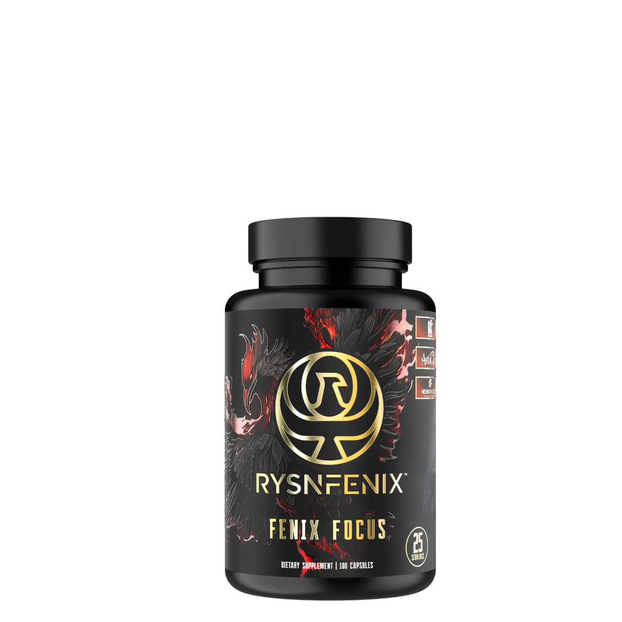 Fenix Focus nootropic supplement bottle with a black and gold phoenix design, featuring ingredients like Acetyl L-Carnitine, Citicoline, Artichoke Leaf Extract, fast-acting and extended-release caffeine, AstraGin, Black Pepper, and NeuroFactor for enhanced focus, memory, sustained energy, and brain health.