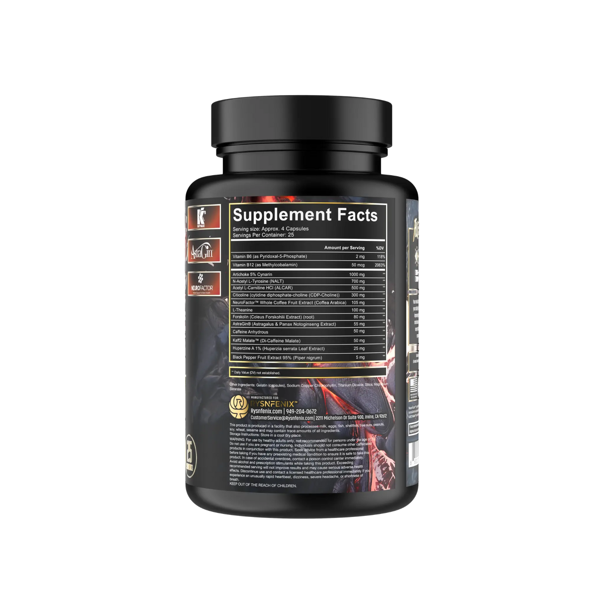 Fenix Focus nootropic supplement bottle with a black and gold phoenix design, featuring ingredients like Acetyl L-Carnitine, Citicoline, Artichoke Leaf Extract, fast-acting and extended-release caffeine, AstraGin, Black Pepper, and NeuroFactor for enhanced focus, memory, sustained energy, and brain health.