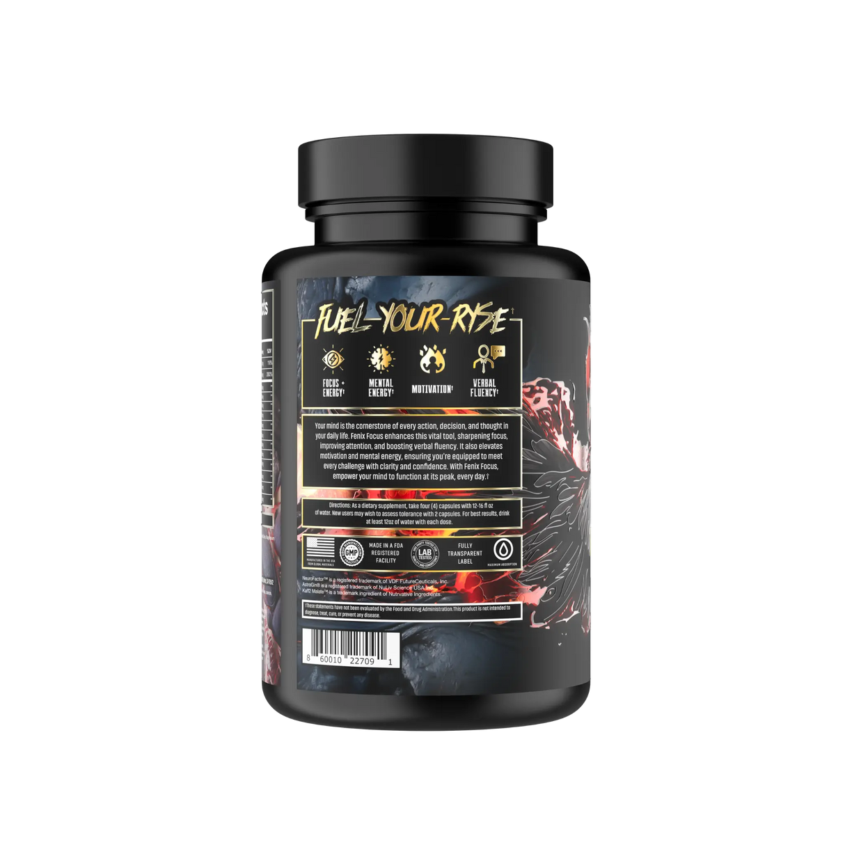 Fenix Focus nootropic supplement bottle with a black and gold phoenix design, featuring ingredients like Acetyl L-Carnitine, Citicoline, Artichoke Leaf Extract, fast-acting and extended-release caffeine, AstraGin, Black Pepper, and NeuroFactor for enhanced focus, memory, sustained energy, and brain health.