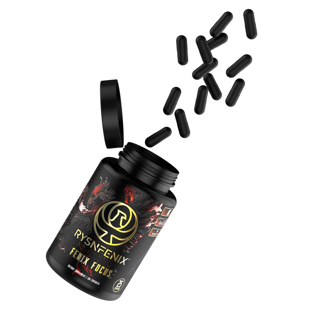 Fenix Focus nootropic supplement bottle with a black and gold phoenix design, featuring ingredients like Acetyl L-Carnitine, Citicoline, Artichoke Leaf Extract, fast-acting and extended-release caffeine, AstraGin, Black Pepper, and NeuroFactor for enhanced focus, memory, sustained energy, and brain health.
