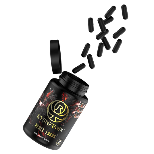 Fenix Focus nootropic supplement bottle with a black and gold phoenix design, featuring ingredients like Acetyl L-Carnitine, Citicoline, Artichoke Leaf Extract, fast-acting and extended-release caffeine, AstraGin, Black Pepper, and NeuroFactor for enhanced focus, memory, sustained energy, and brain health.