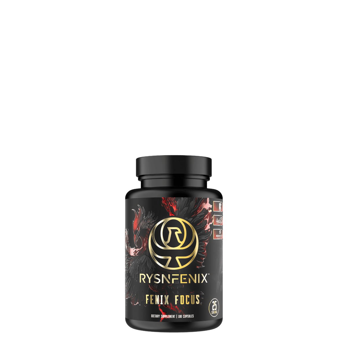 Fenix Focus nootropic supplement bottle with a black and gold phoenix design, featuring ingredients like Acetyl L-Carnitine, Citicoline, Artichoke Leaf Extract, fast-acting and extended-release caffeine, AstraGin, Black Pepper, and NeuroFactor for enhanced focus, memory, sustained energy, and brain health.