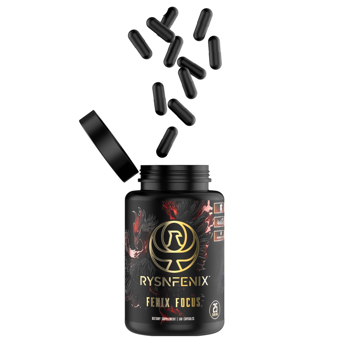 Fenix Focus nootropic supplement bottle with a black and gold phoenix design, featuring ingredients like Acetyl L-Carnitine, Citicoline, Artichoke Leaf Extract, fast-acting and extended-release caffeine, AstraGin, Black Pepper, and NeuroFactor for enhanced focus, memory, sustained energy, and brain health.
